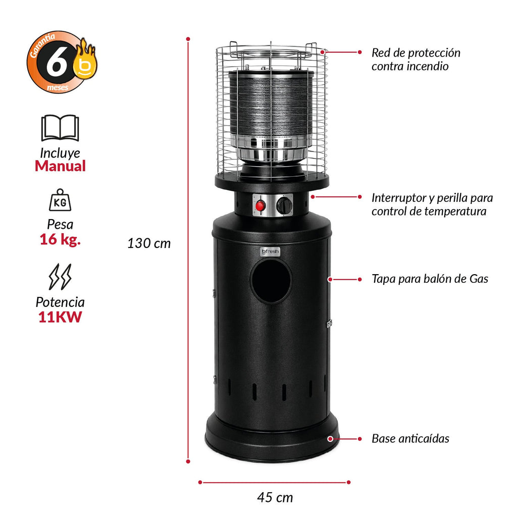 Estufa De Patio Baja Negra a Gas de 11kg | Terrazas Interior Exterior Bfresh