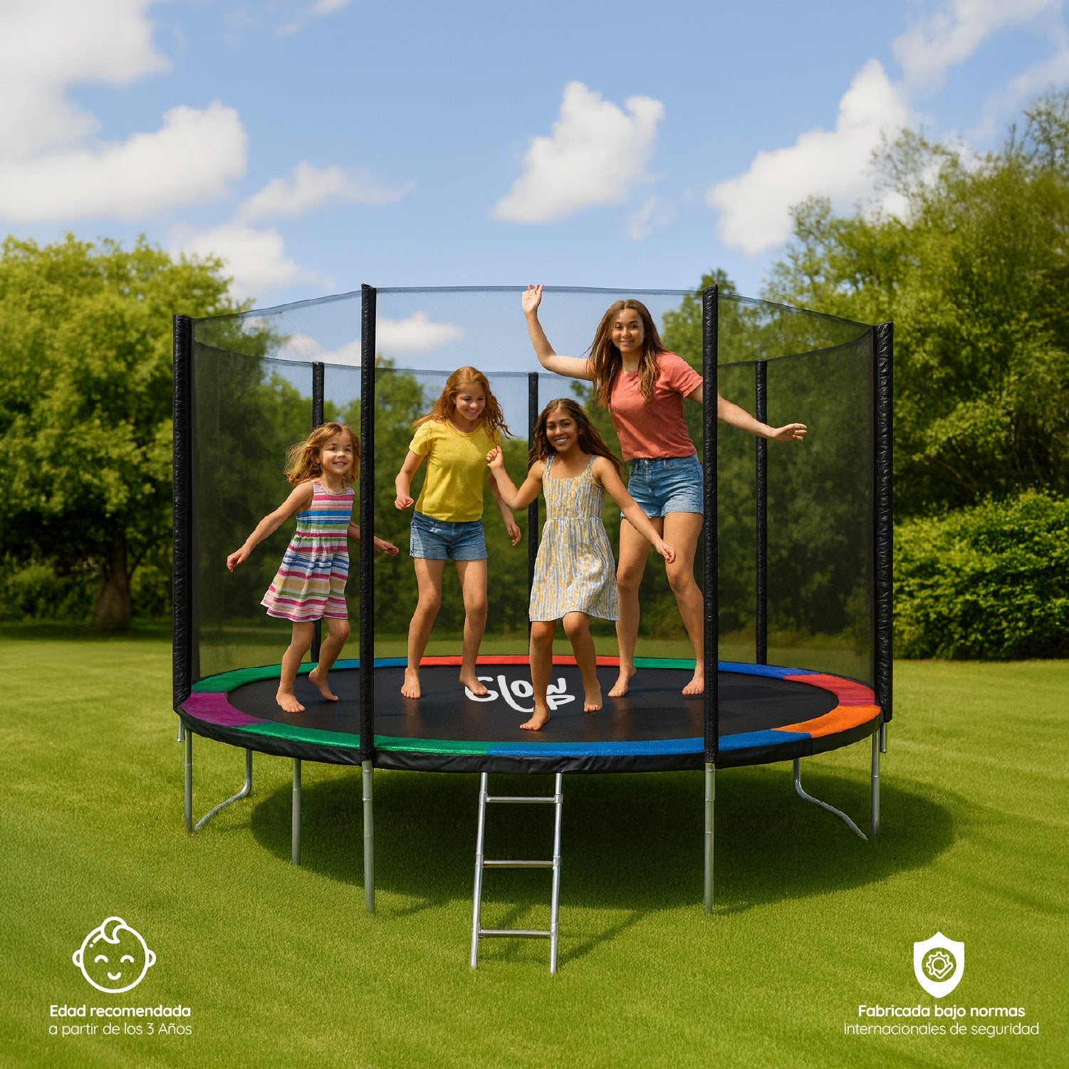 Cama Elástica 12ft 3,2 mts GlowUp con Malla y Escalera