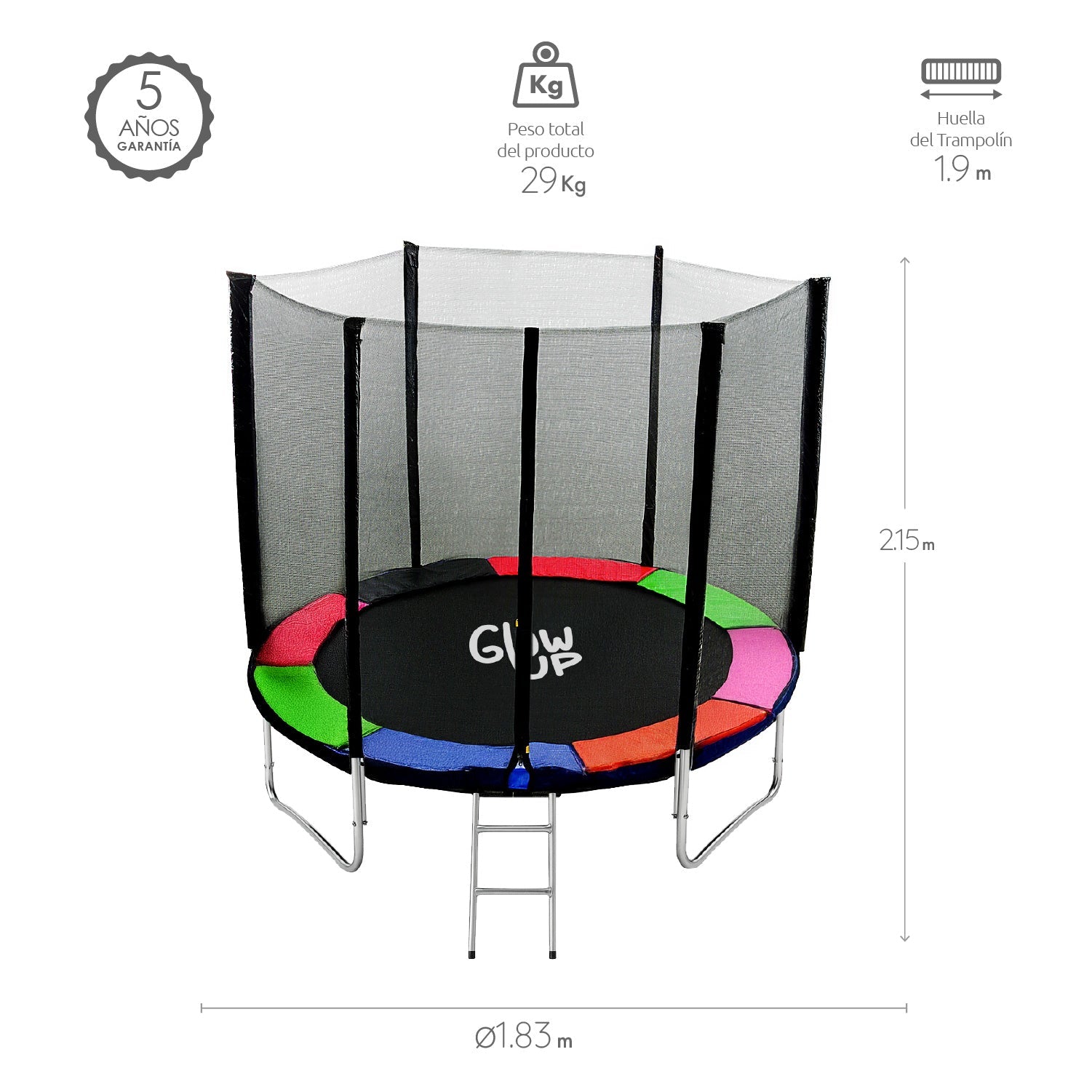 Cama Elástica 6ft 1.83mt soporta 160kg Malla Glowup + Escalera