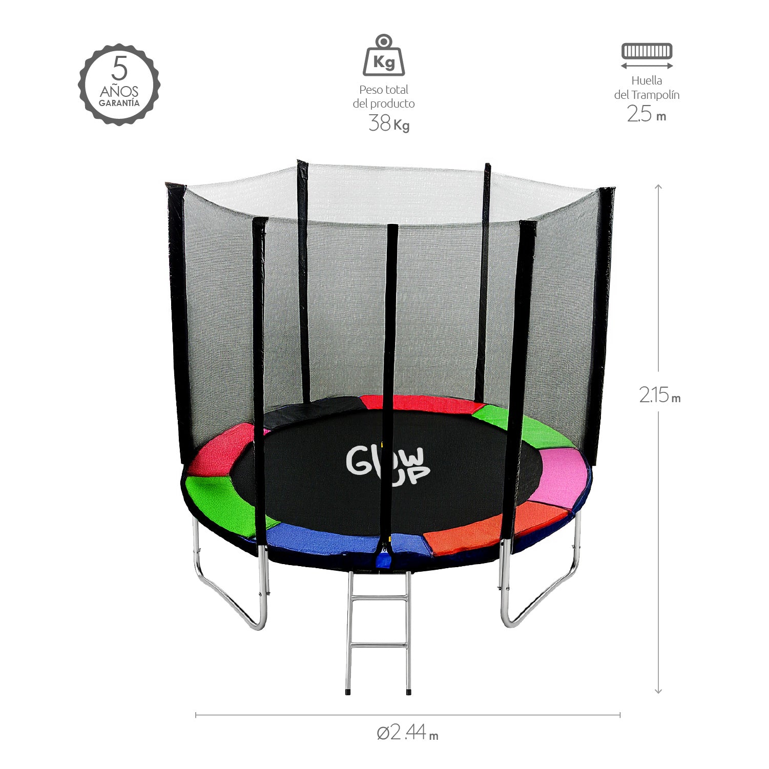 Cama Elástica 8ft 2,44 mts GlowUp con Malla y Escalera