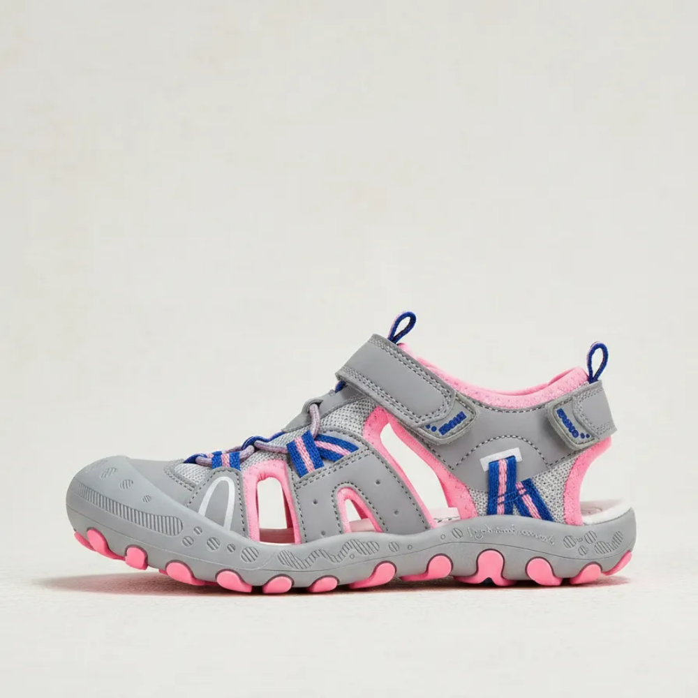 Sandalia para niña en gris y rosado, talla 31. Cómodas y seguras