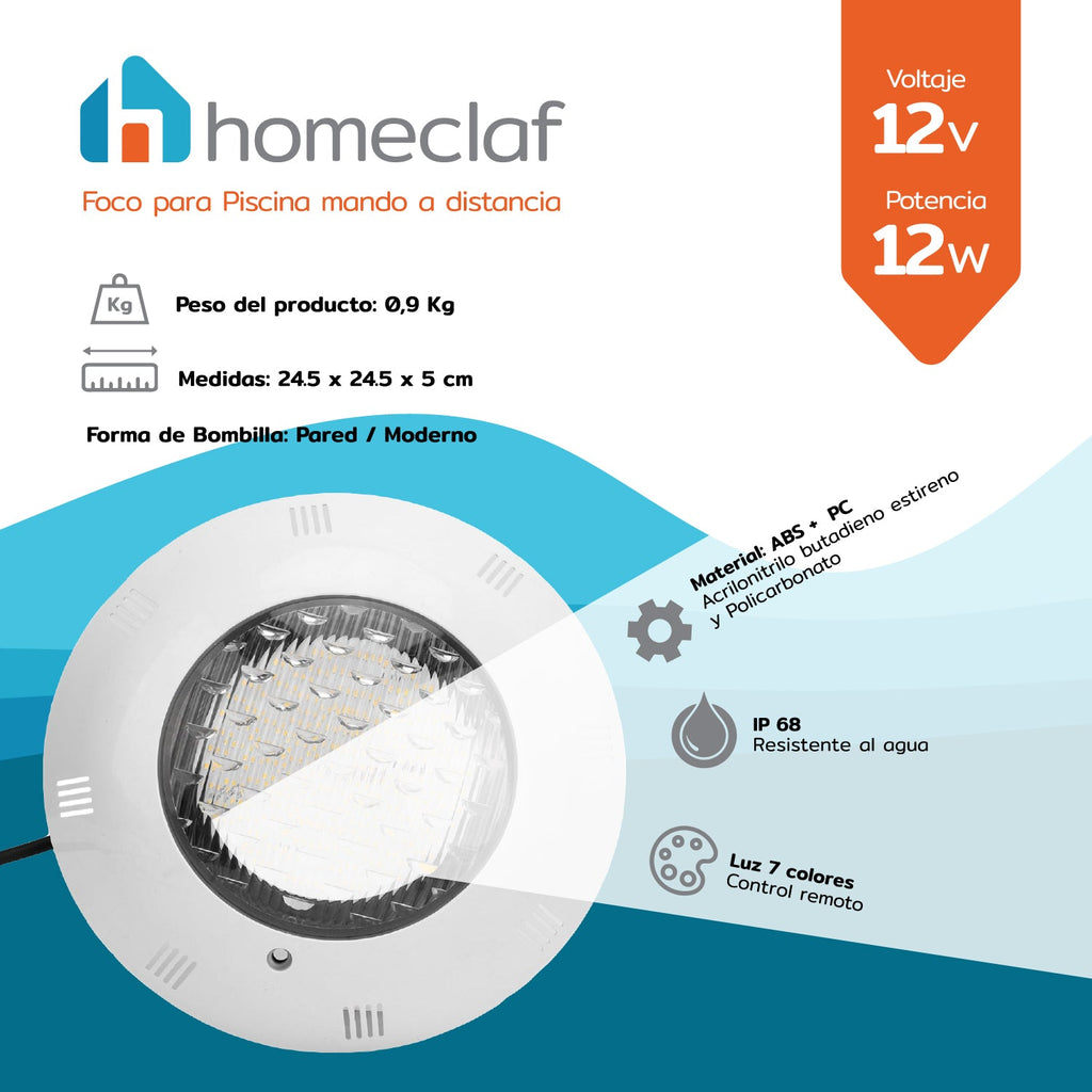 Foco Led Piscina 12w 7 Colores Con Control Remoto Homeclaf