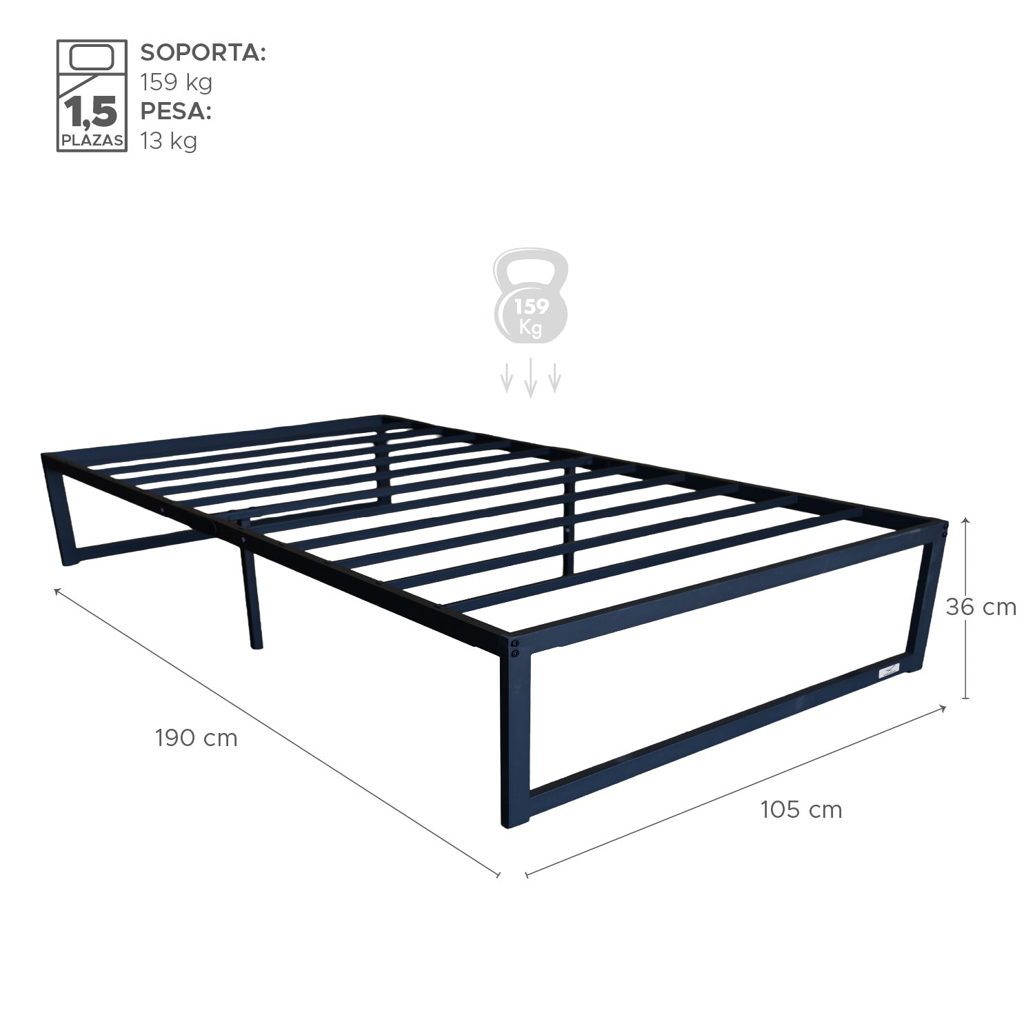 Base para cama Europea Acero Negro 105X190 cm 1,5 Pza Vincenzi