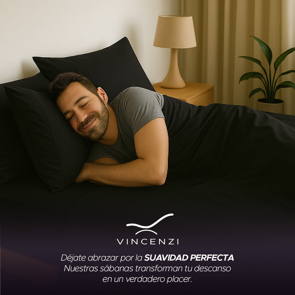 Juego De Sábanas 1800 Hilos 1,5 Plazas Negro Ultra Suave Vincenzi