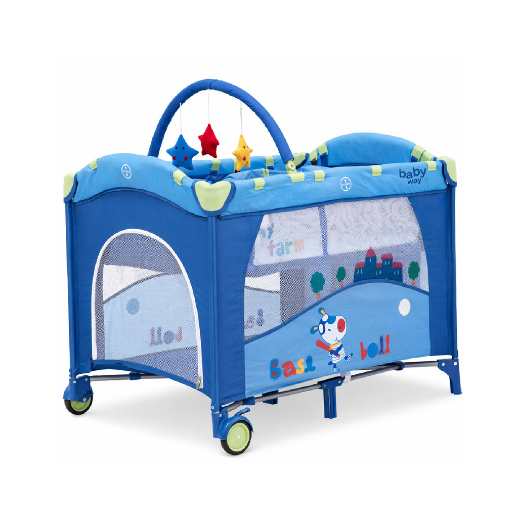 Cuna Pack and Play Baby Way Azul 2 Niveles Plegable con Mudador y Arco de Juegos