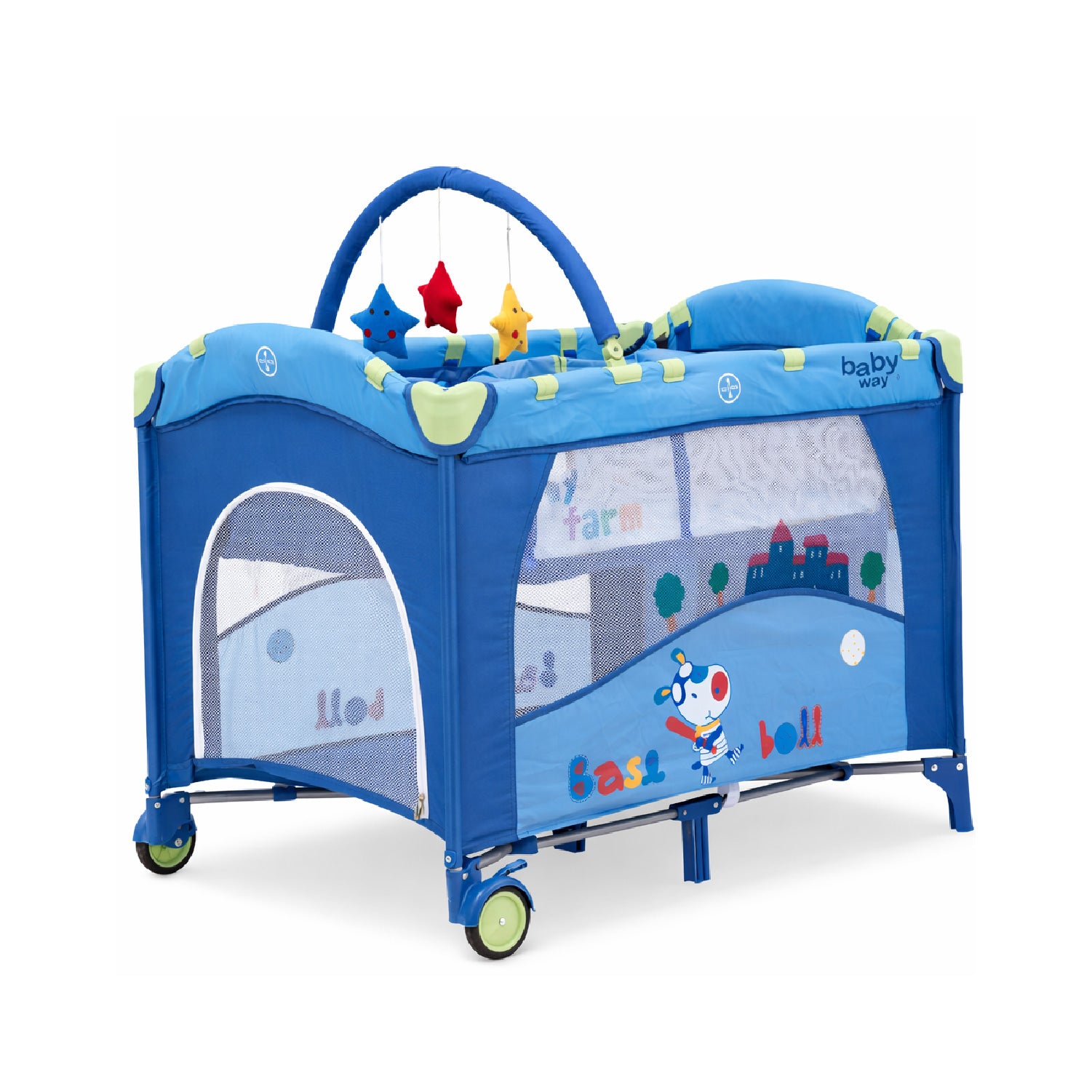 Cuna Pack and Play Baby Way Azul 2 Niveles Plegable con Mudador y Arco de Juegos