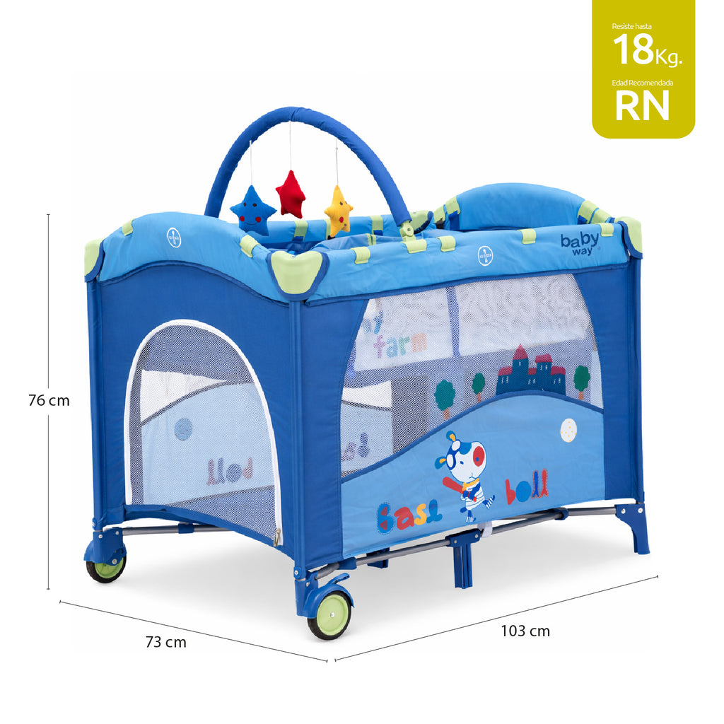 Cuna Pack and Play Baby Way Azul 2 Niveles Plegable con Mudador y Arco de Juegos