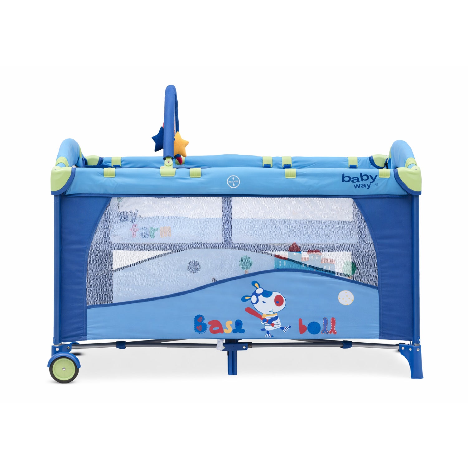 Cuna Pack and Play Baby Way Azul 2 Niveles Plegable con Mudador y Arco de Juegos