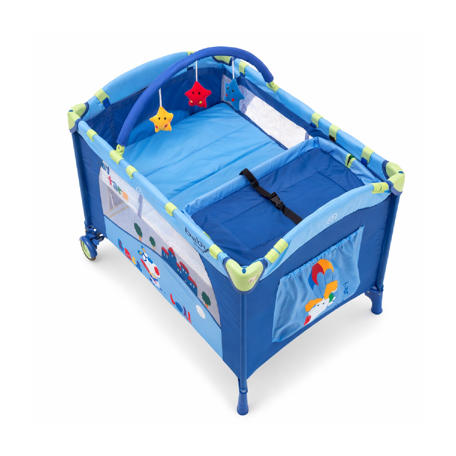 Cuna Pack and Play Baby Way Azul 2 Niveles Plegable con Mudador y Arco de Juegos