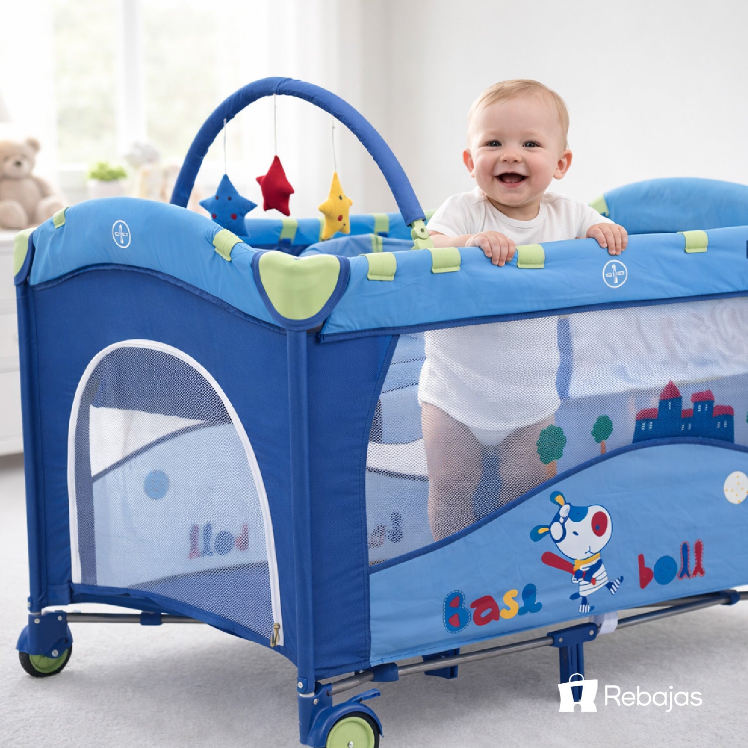 Cuna Pack and Play Baby Way Azul 2 Niveles Plegable con Mudador y Arco de Juegos