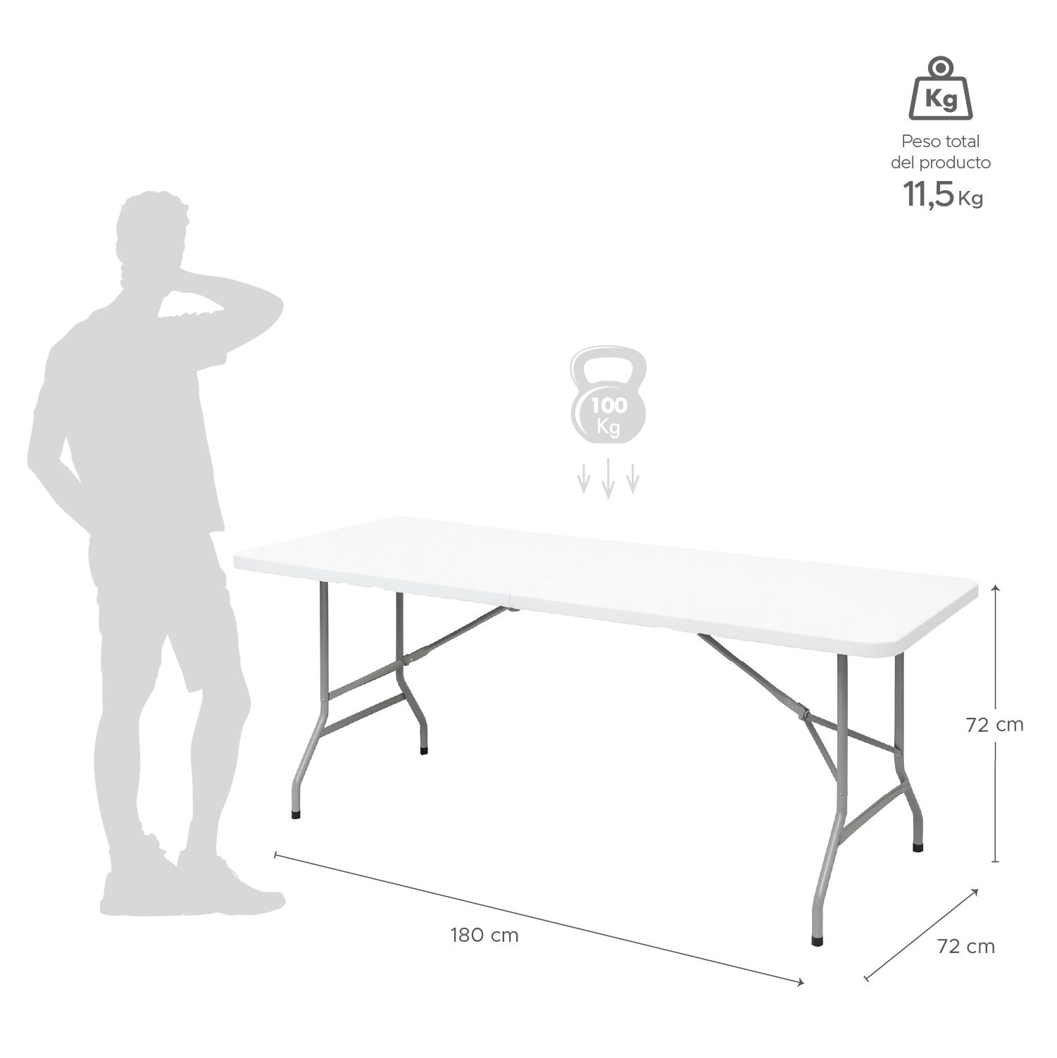 Mesa Plegable Tipo Maleta Blanca 180x72x72 cm Vincenzi