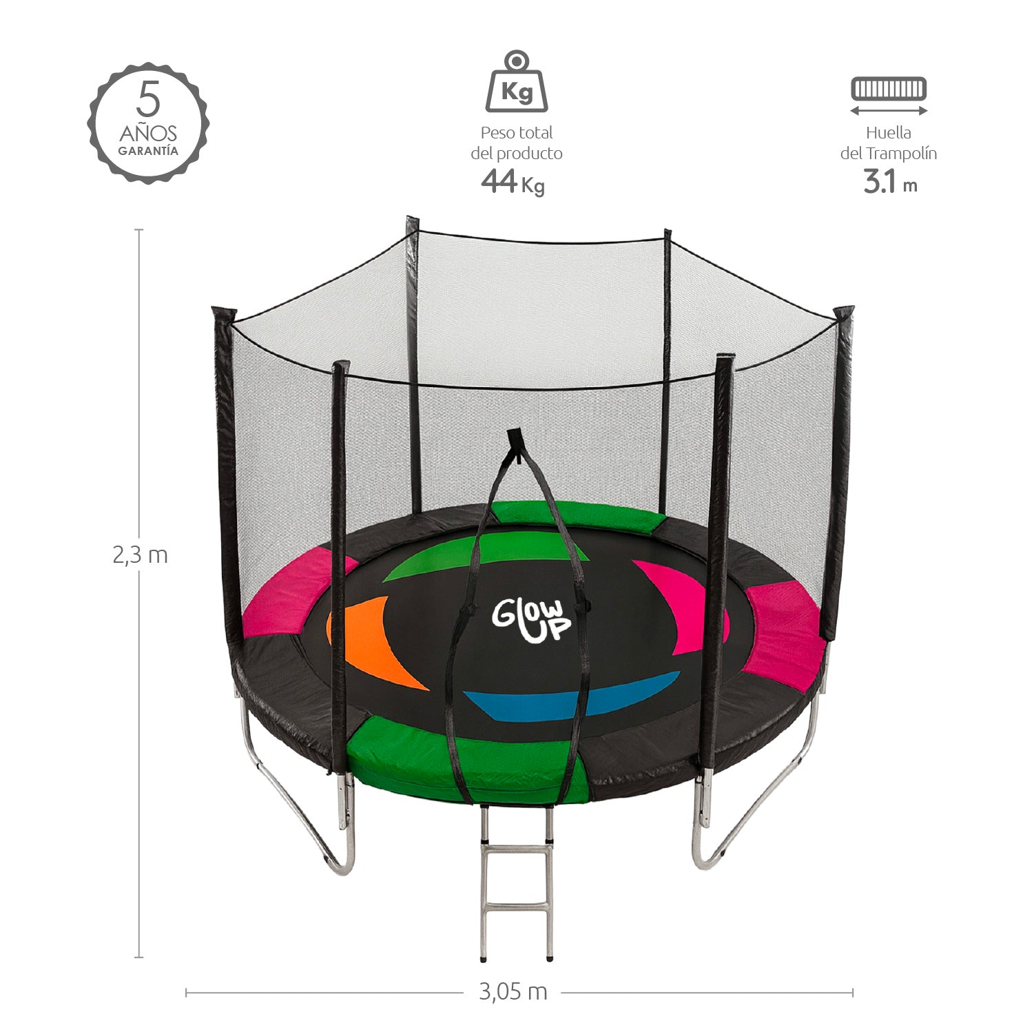 Cama Elástica 3,05 mts 10ft GlowUp Malla y Escalera Edición Exclusiva P